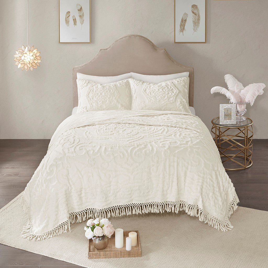 GDFStudio Kaede Boho Tufted Cotton Chenille Bedding Set with Medallion Fringe Coverlet and Matching Shams, Off White, King