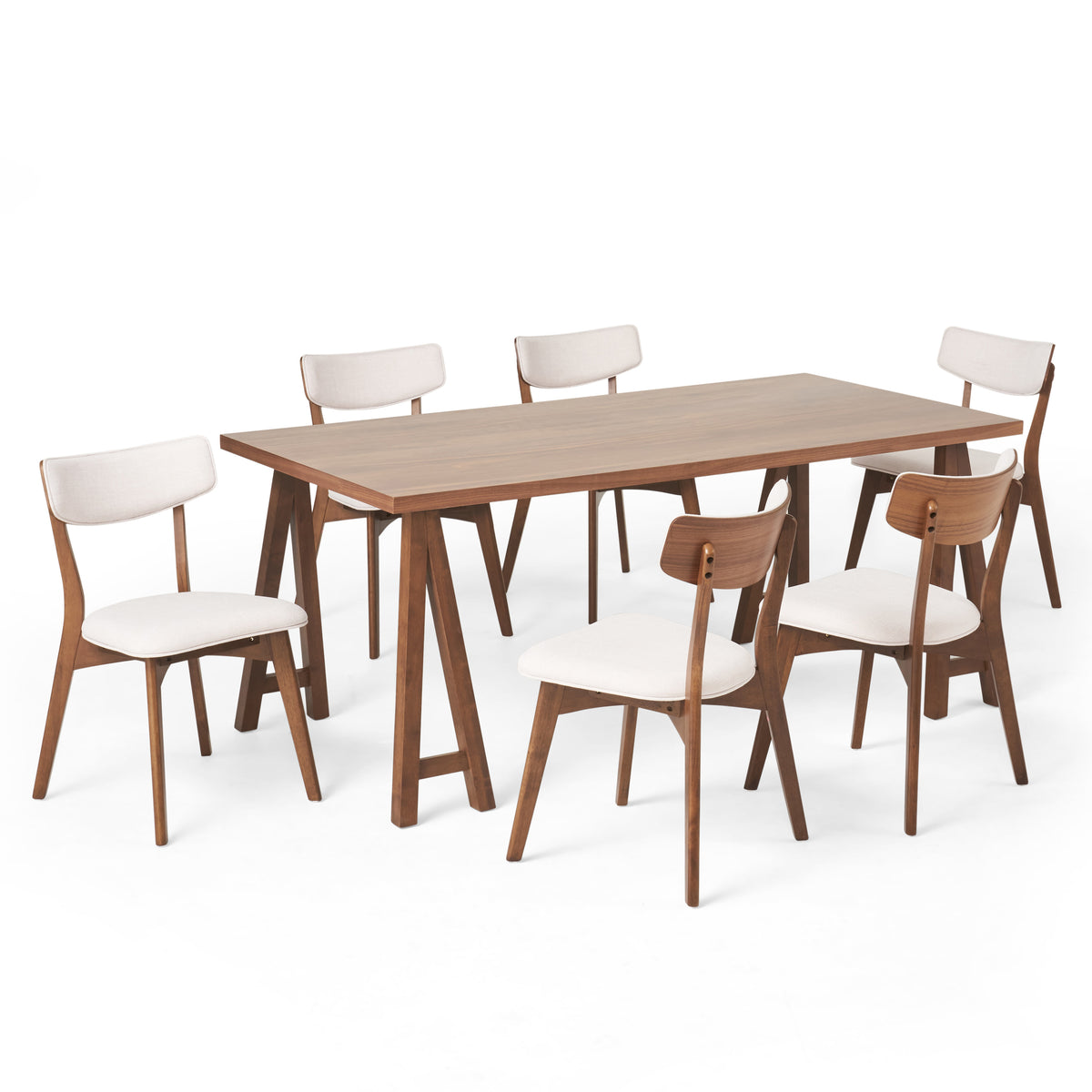 Christopher Knight Home Chazz Mid Century Modern Fabric Upholstered 7 Piece Dining Set, Light Beige