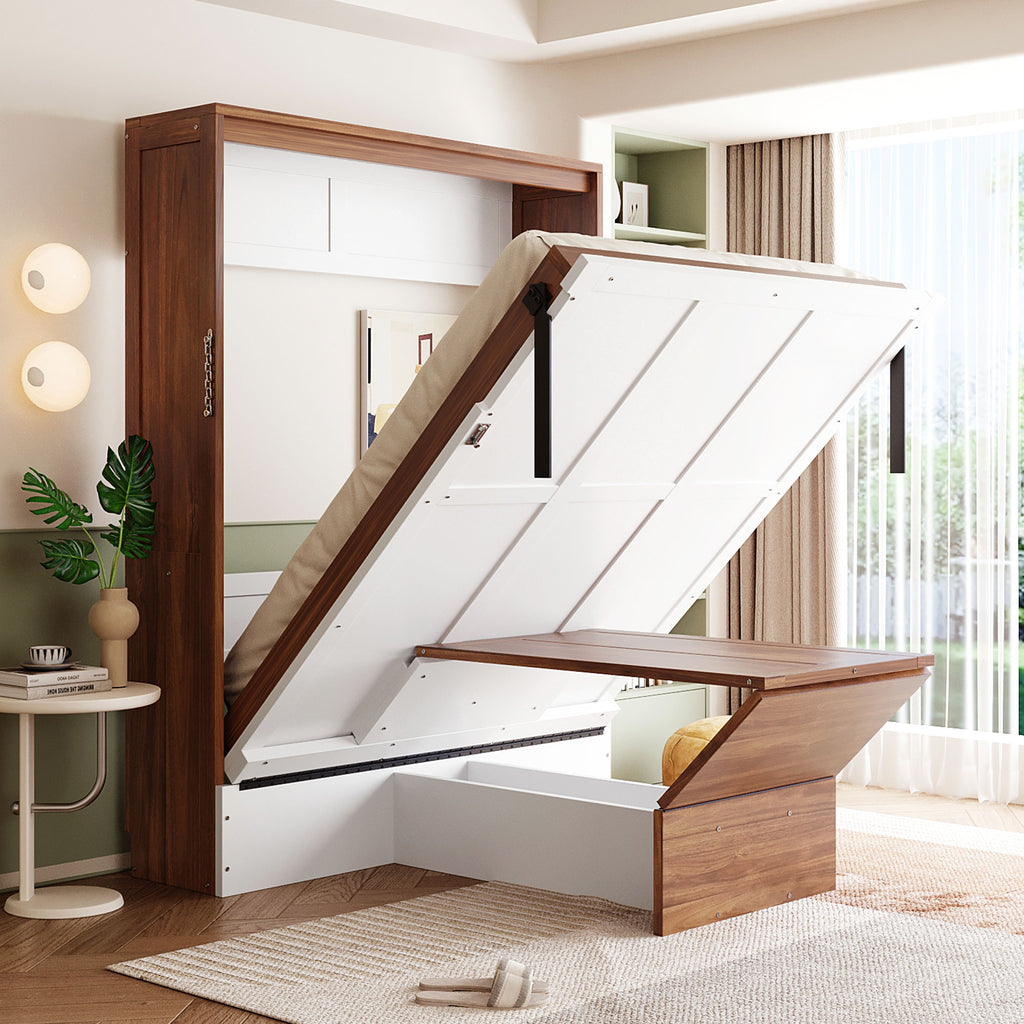Full Size Murphy Bed with Foldable Desk, Modern Wall Bed in Walnut & White, Space-Saving Bed for Home Office & Guest Room