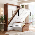 Full Size Murphy Bed with Foldable Desk, Modern Wall Bed in Walnut & White, Space-Saving Bed for Home Office & Guest Room
