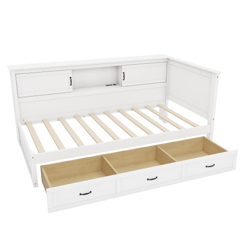 GDFStudio Maggie L-Shaped Bed Frame with Bookcase and Drawer, Twin Size, White