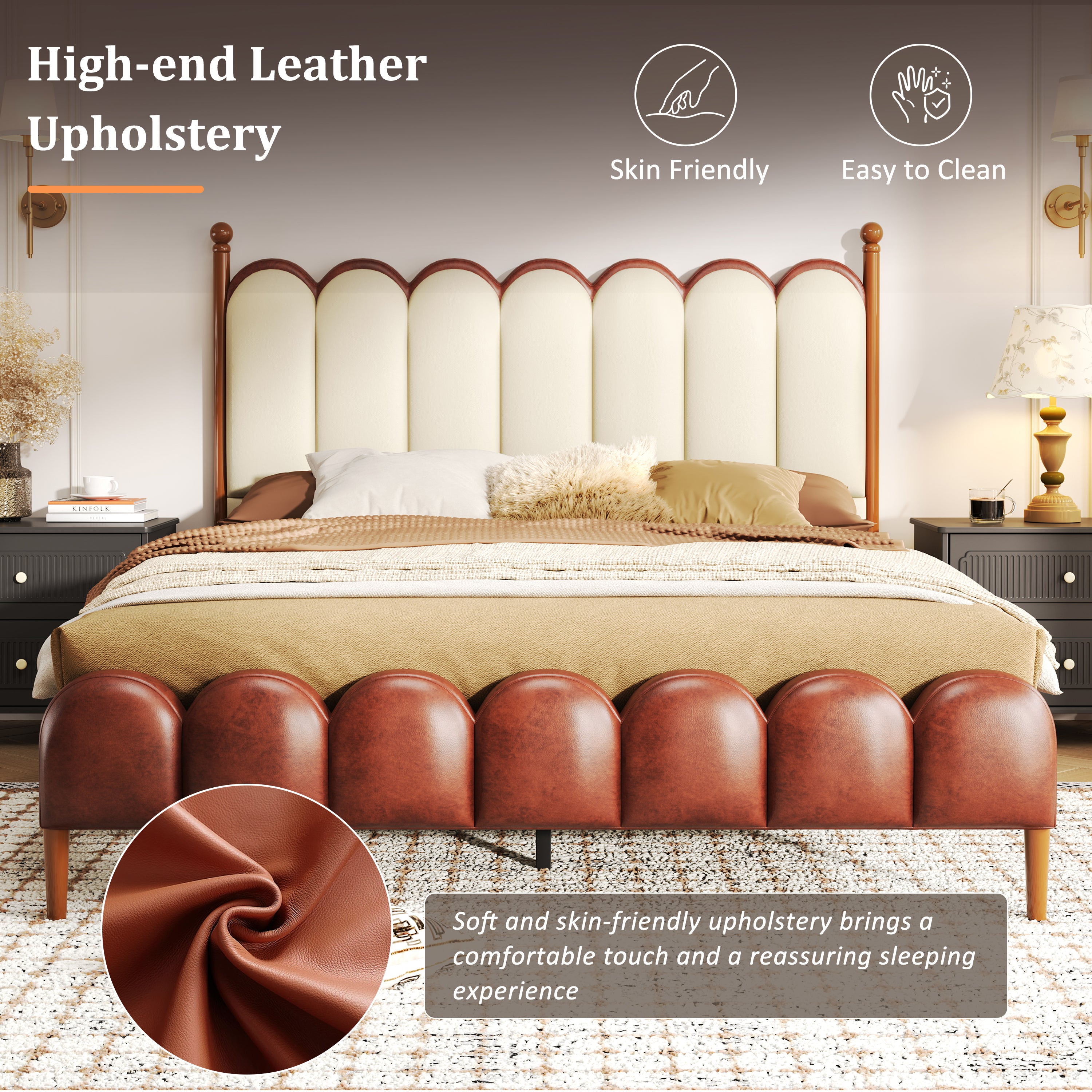 Christopher Knight Home Luxury Faux Leather Bed Frame with Curved Headboard & Solid Wood Support