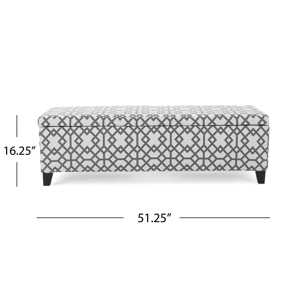 Storage Bench Ottoman with Hidden Storage & Geometric Gray-White Upholstery