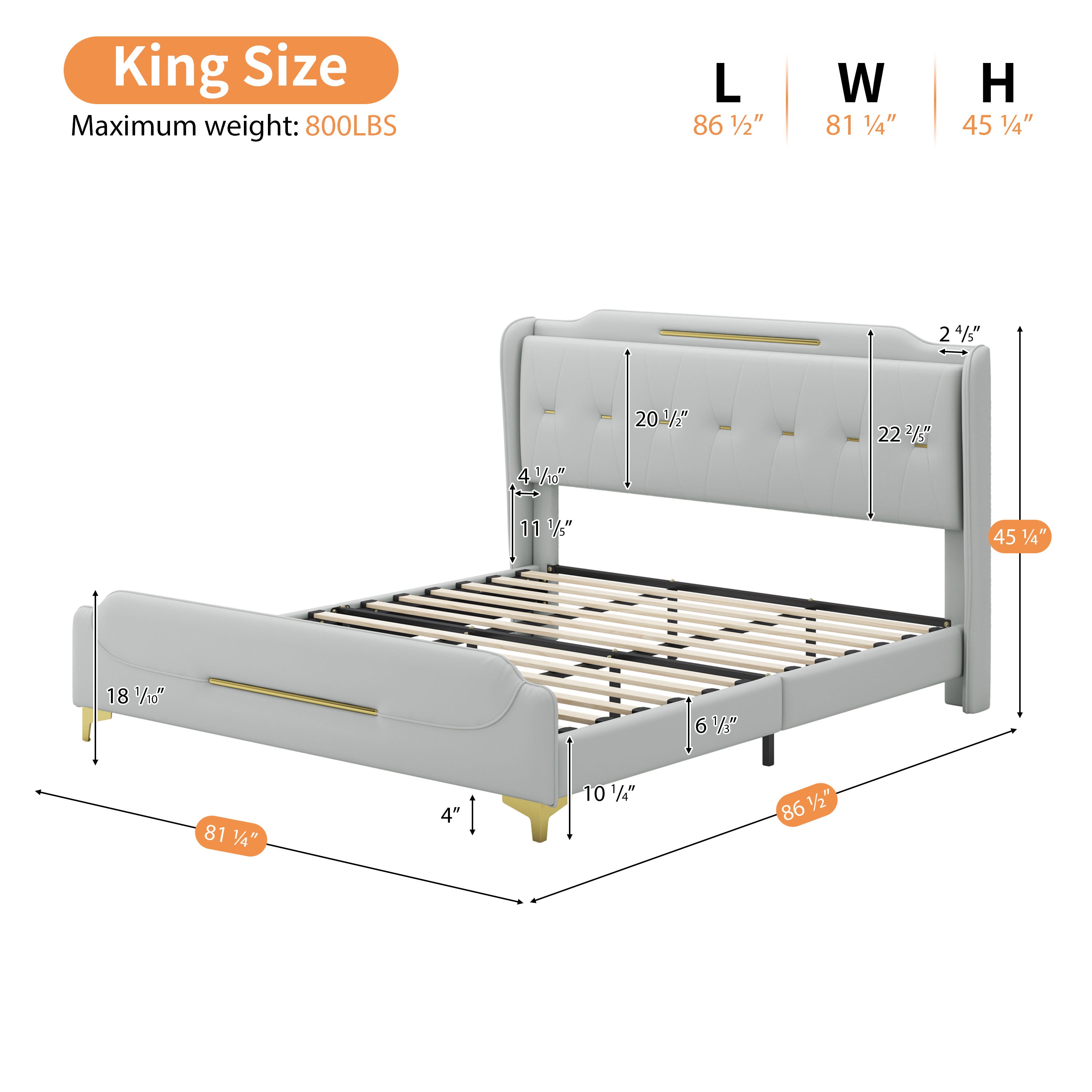 Christopher Knight Home Modern Faux Leather Platform Bed with Gold Metal Accents & Sturdy Wood-Metal Frame