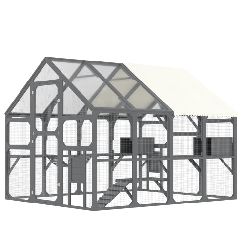 GDFStudio Harrison Outdoor Wooden Cat Catio Enclosure, Large Walk-In Cat House with Platforms, Bridge and Ramp, Gray