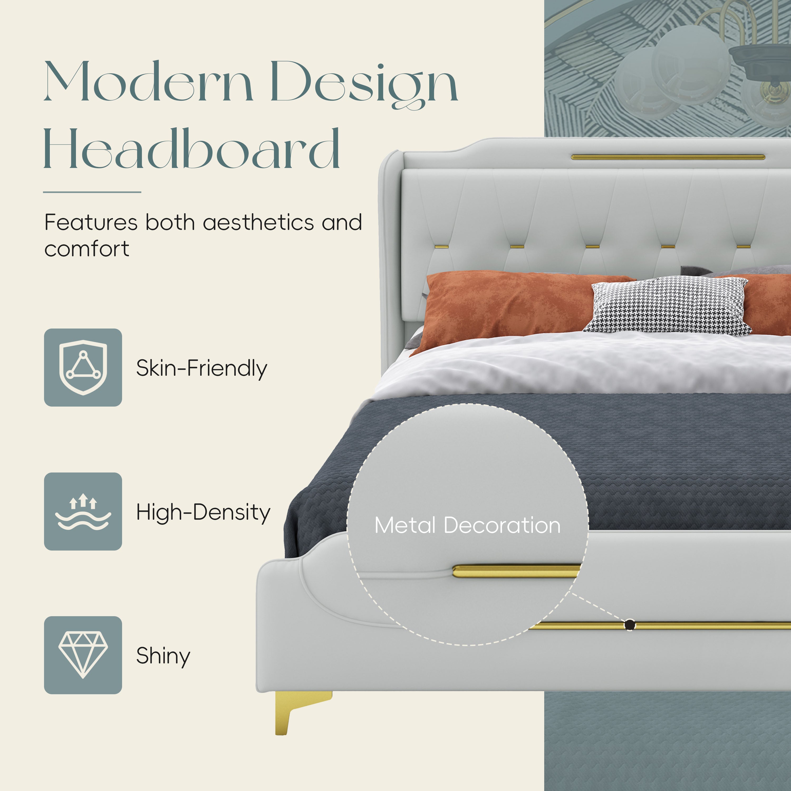 Christopher Knight Home Modern Faux Leather Platform Bed with Gold Metal Accents & Sturdy Wood-Metal Frame