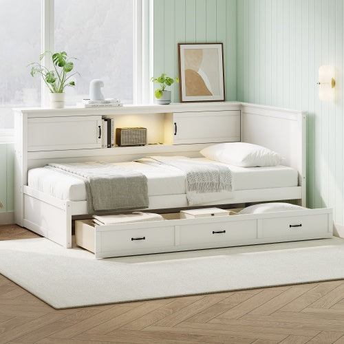 GDFStudio Maggie L-Shaped Bed Frame with Bookcase and Drawer, Twin Size, White