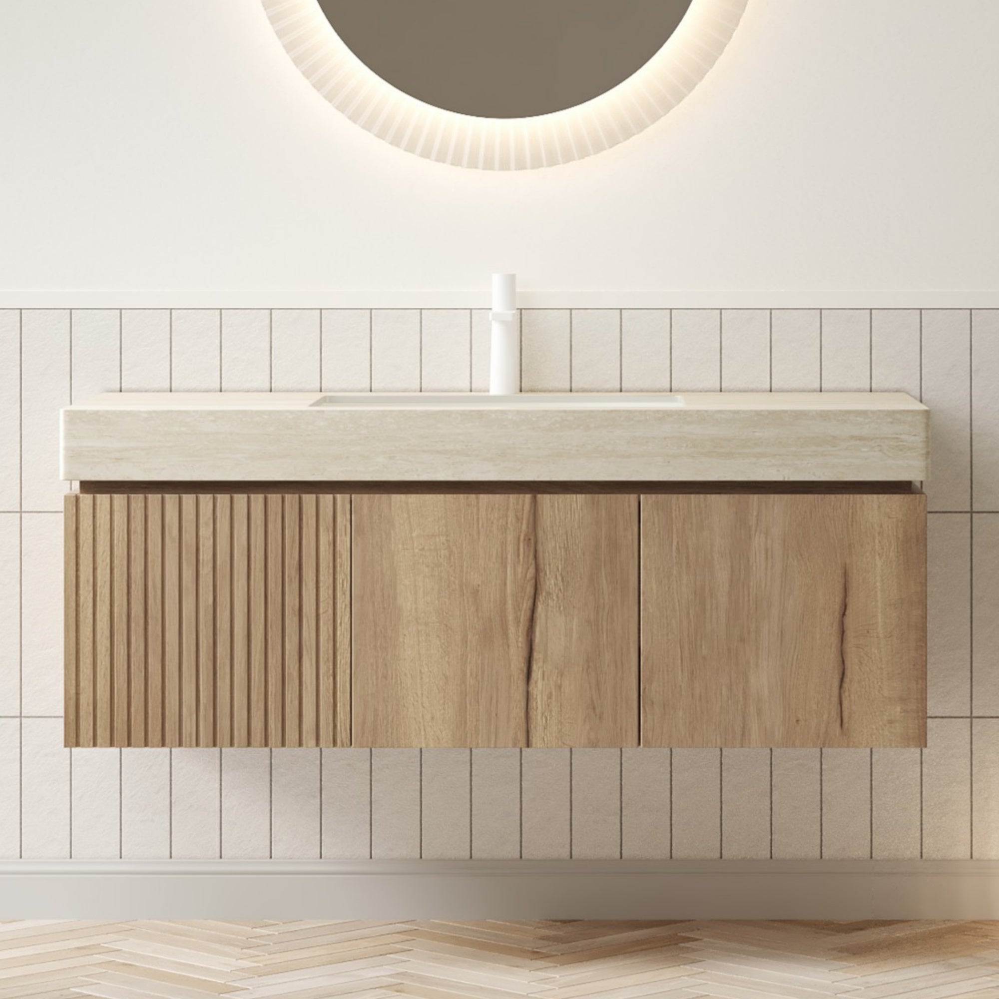 Christopher Knight Home Abram 48" Ceramic and Wood Wall-Mount Bathroom Vanity with Drawer and Doors,Beige/White Oak