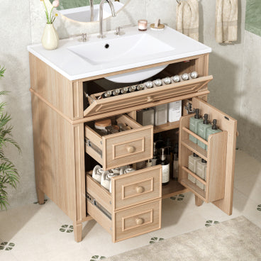 GDFStudio Alvis Modern 30" Wood Bathroom Vanity with Ceramic Sink, 3 Drawers and Cabinet, Light Wood