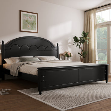 GDFStudio Ortiz Transitional Wood Bed Frame with Arched Headboard and Classic Poster Accents, Black, King Size