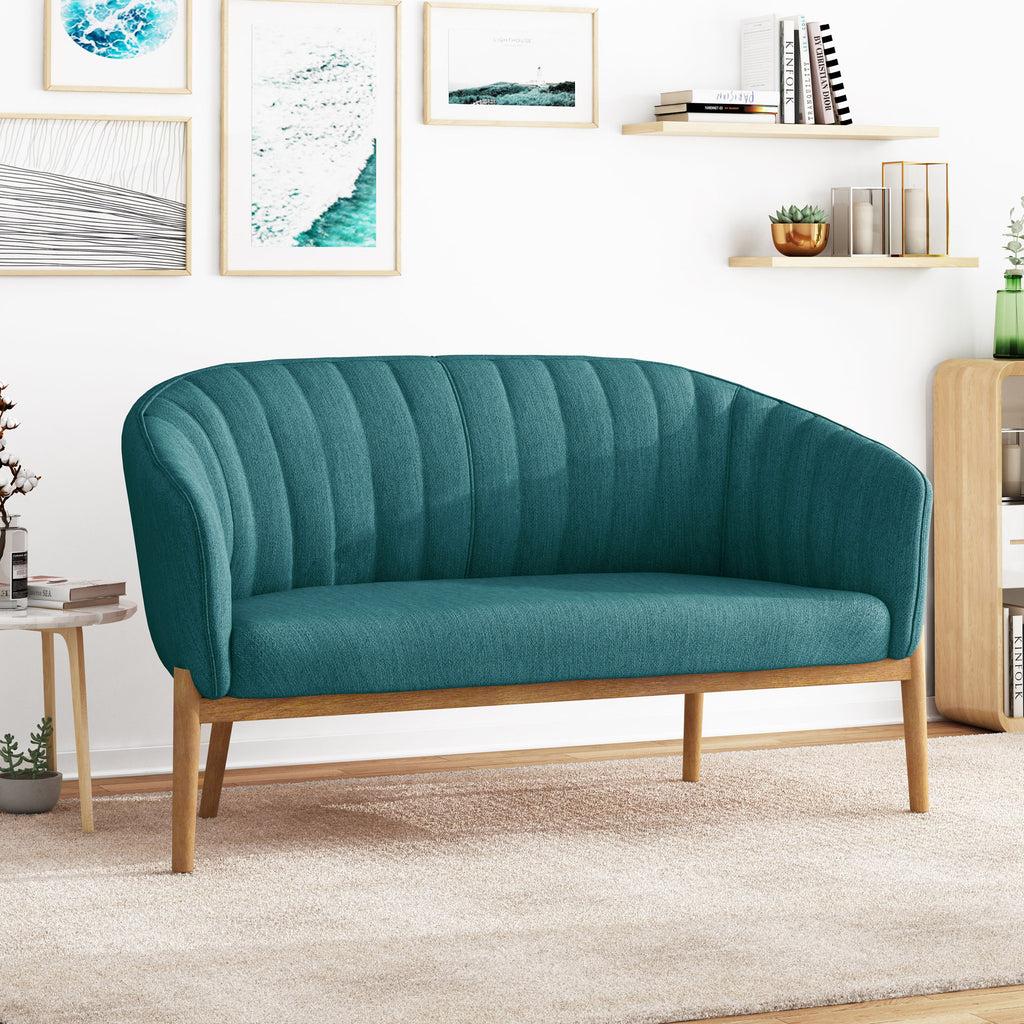 Mid-Century Modern Loveseat with Channel-Stitched Backrest & Rubberwood Legs ¨C Upholstered Small Sofa