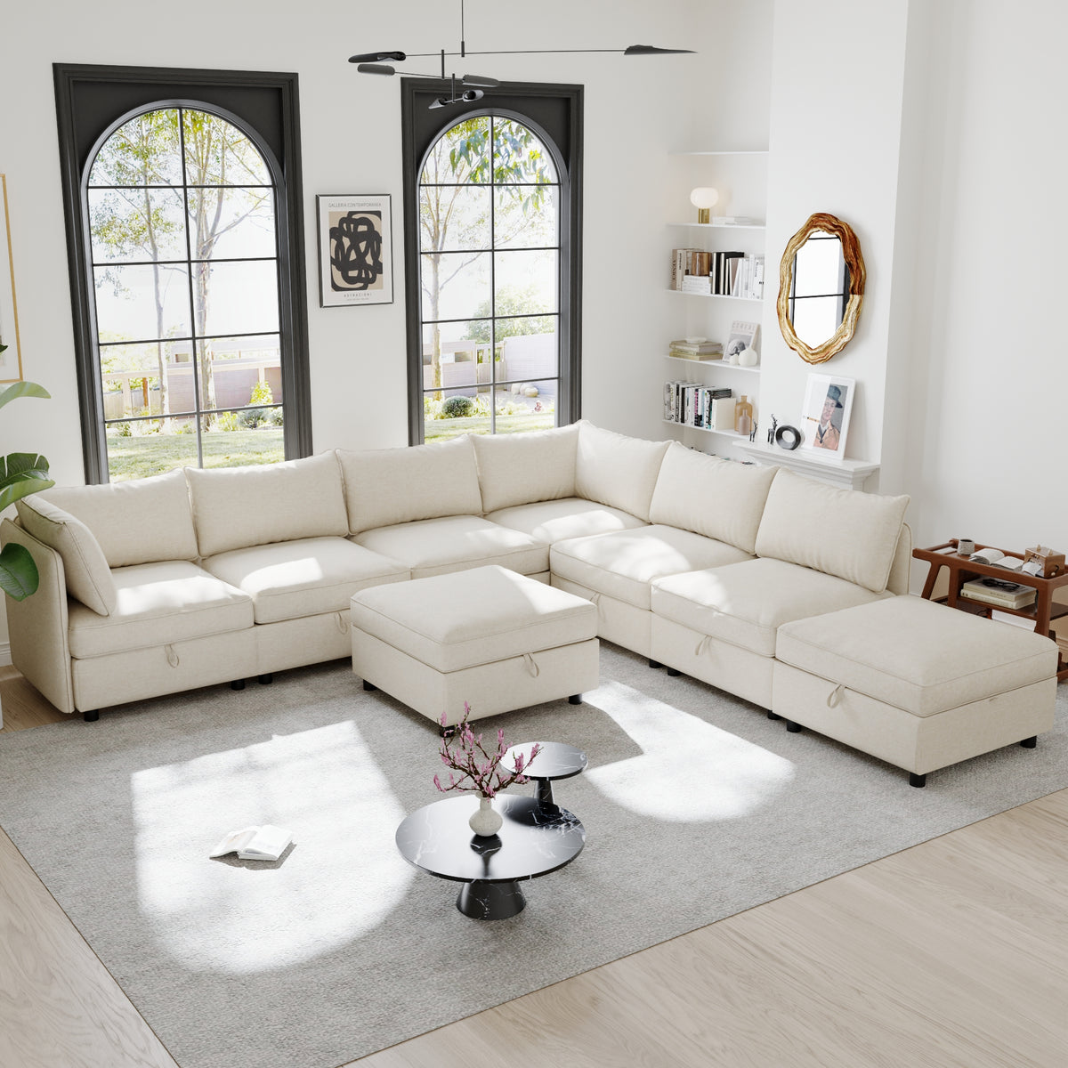 Christopher Knight Home Kerwin Modular 8 Piece Chenille Upholstered 116  x 53.5  Sectional Sofa Bed with Storage,Beige