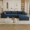 GDFStudio Hilary Modern 118.2" Corduroy Fabric and Feather-filled Upholstered 3-Seater L-Shaped Sectional Sofas with Ottoman, Navy Blue