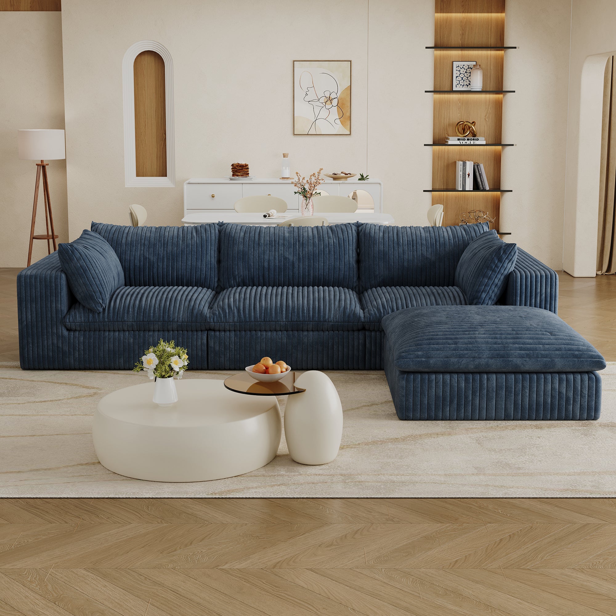 GDFStudio Hilary Modern 118.2" Corduroy Fabric and Feather-filled Upholstered 3-Seater L-Shaped Sectional Sofas with Ottoman, Navy Blue