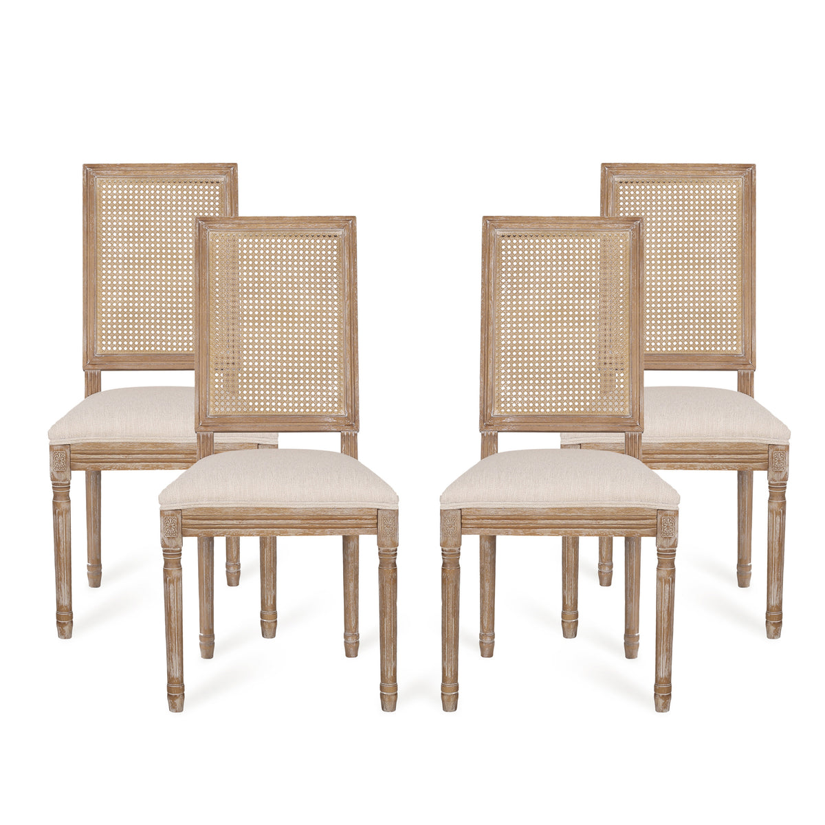 Christopher Knight Home Brownell French Country Wood and Cane Upholstered Dining Chairs (Set of 4), Beige/Natural Brown