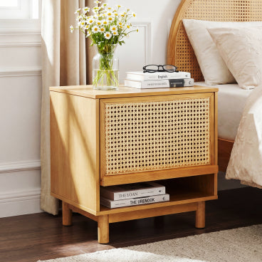 Christopher Knight Home Sawyer Modern Boho Wood Nightstand with Lift-Up Rattan Cabinet Door, Natural