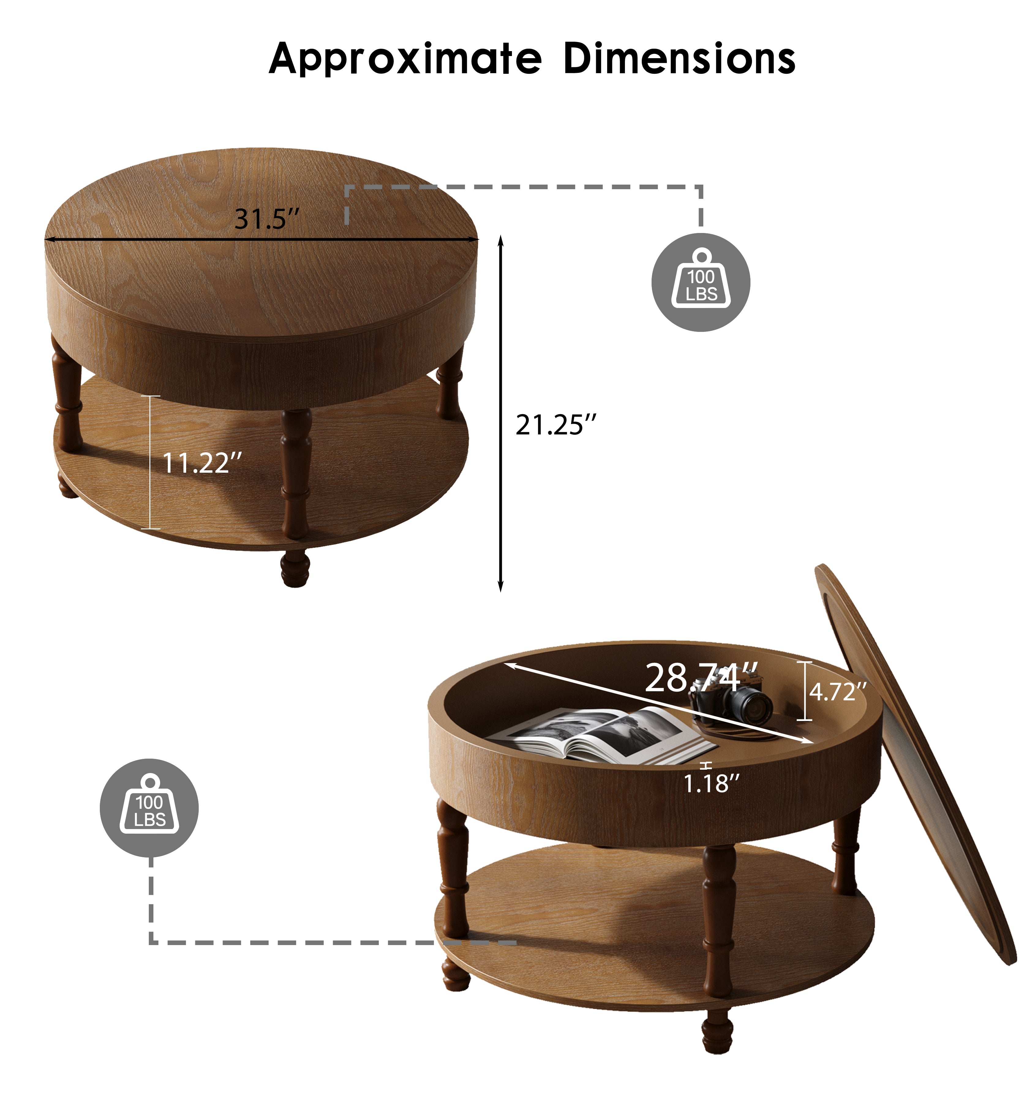 GDFStudio Navia Modern Wooden 31"Round Storage Coffee Table with Shelf, Walnut Brown