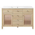 Christopher Knight Home Olesya 48" Farmhouse Bathroom Vanity with Ceramic Sink, 5 Drawers and 2 Rattan Doors, Natural Wood