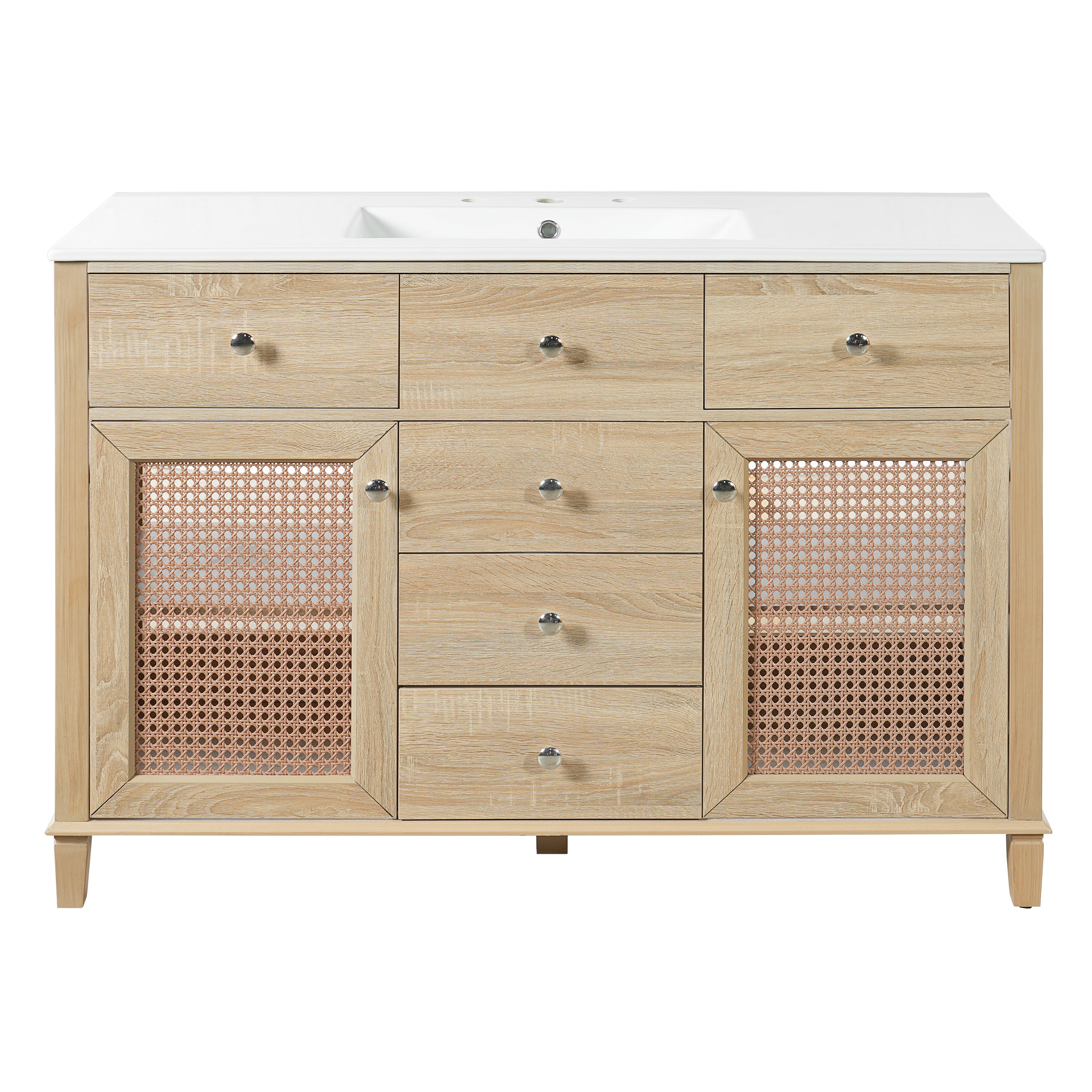 Christopher Knight Home Olesya 48" Farmhouse Bathroom Vanity with Ceramic Sink, 5 Drawers and 2 Rattan Doors, Natural Wood