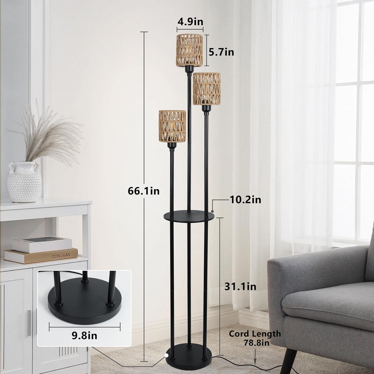GDFStudio Bach Metal Floor Lamp with 3-Shade and Shelf, Rattan Brown Shade