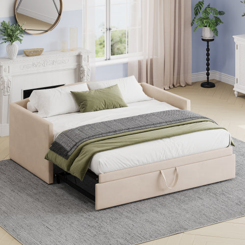 GDFStudio Mary Space-Saving Daybed with Pop-Up Trundle and Velvet Upholstered, Twin Size, Beige