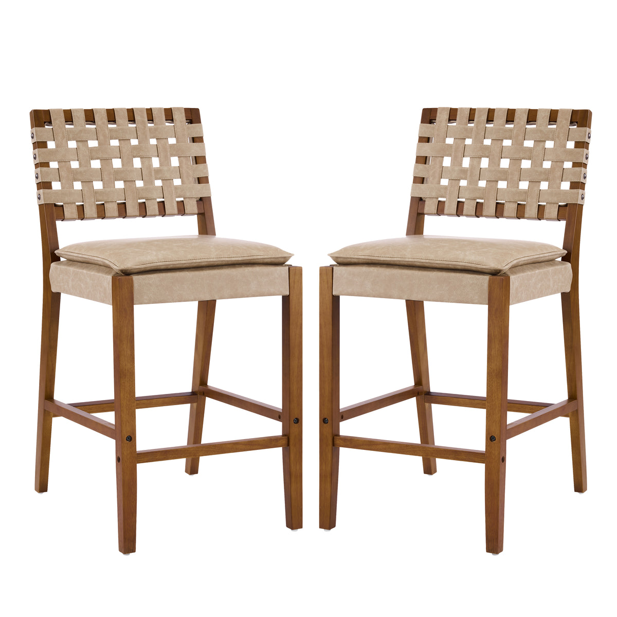 Christopher Knight Home Ader Modern Rubberwood Faux Leather Upholstered Counter Stools (Set of 2), Light Brown/Walnut