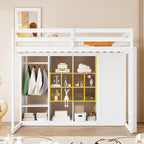 Wooden Loft Bed with Wardrobe & Colorful Storage Shelves, Space-Saving Teen Loft Bed with Reversible Stairs