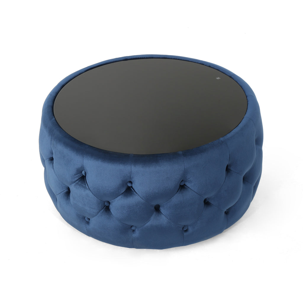 Christopher Knight Home Velvet Round Tufted Ottoman with Tempered Glass Top – Modern Glam Accent