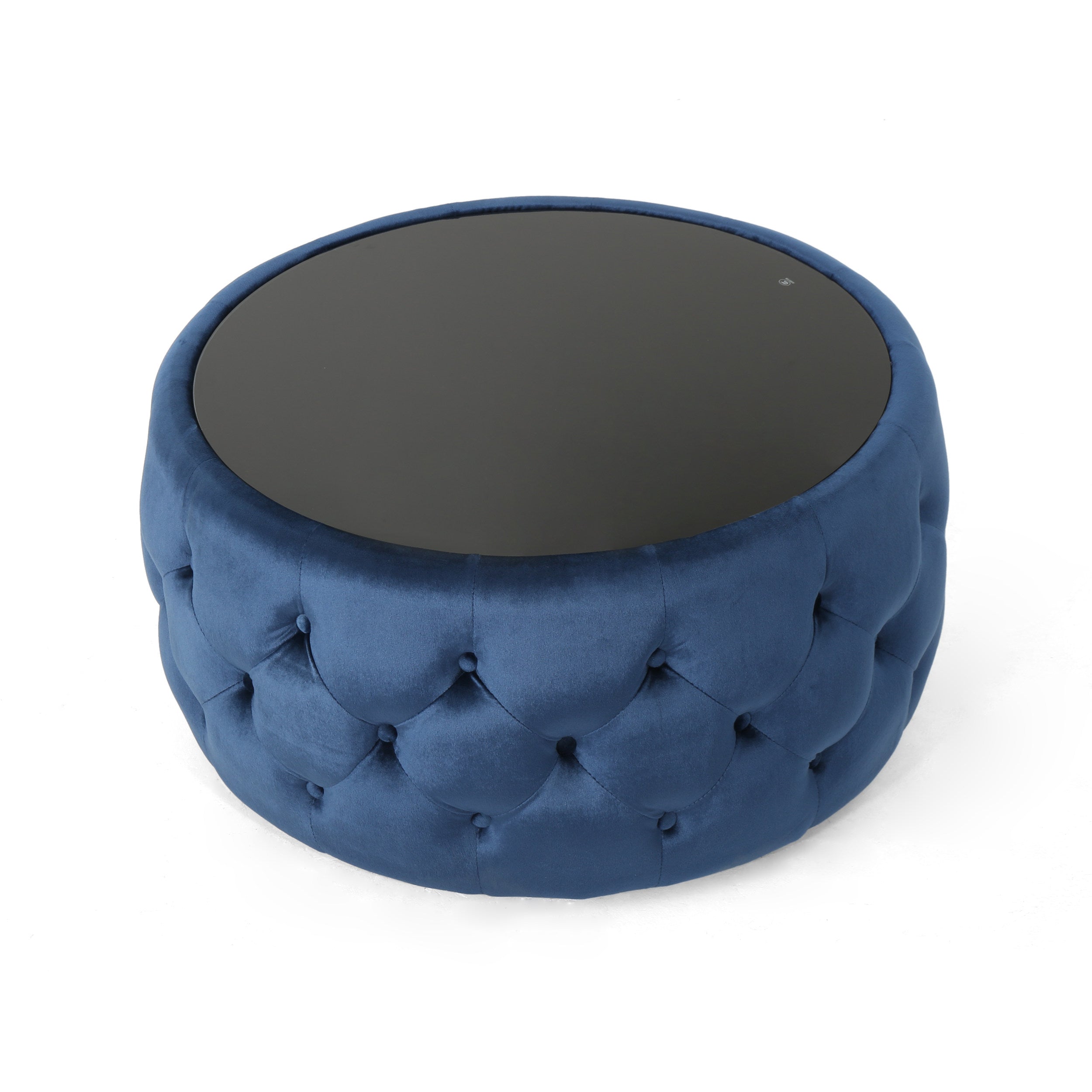 Christopher Knight Home Velvet Round Tufted Ottoman with Tempered Glass Top – Modern Glam Accent