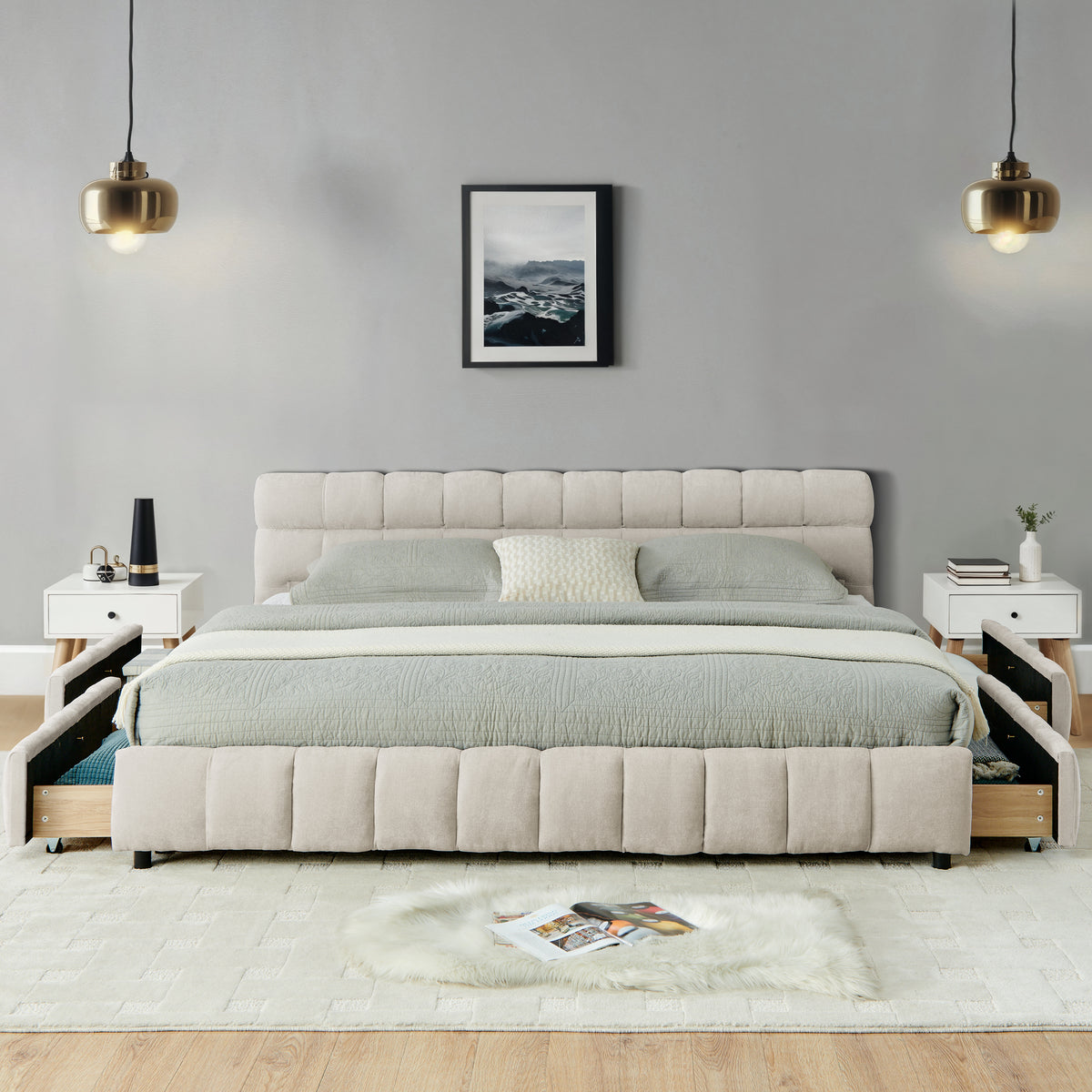 GDFStudio Abbott California King Size Tufted Chenille Upholstered Bed with Drawer and Headboard, Beige