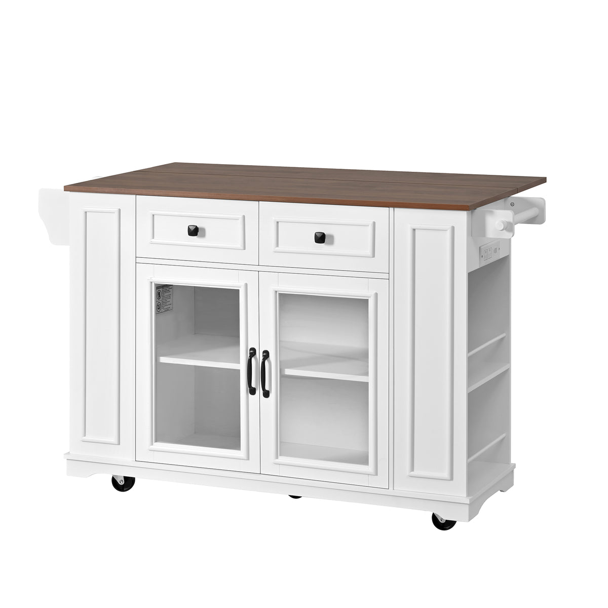 Christopher Knight Home Fenix Modern Wooden 54" Mobile Kitchen Island with Glass Doors, Power Outlet and Open Shelves, Walnut/White