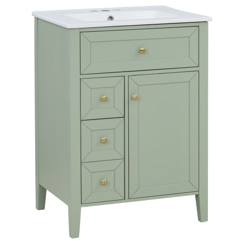 Christopher Knight Home Evelyn Modern Wood Bathroom Vanity with Ceramic Sink, Soft-Close Door & Storage Drawers, Light Green, 24"