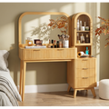 GDFStudio Elena Modern Fluted Wood Makeup Vanity Desk with Mirror, Storage Cabinet and Charging Station, Natural