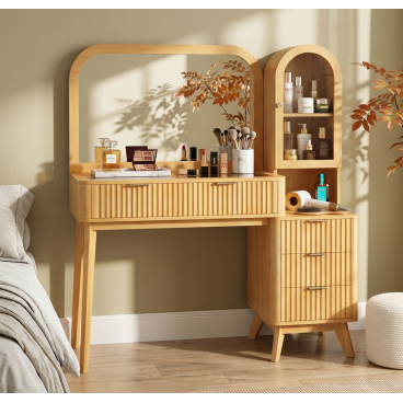 GDFStudio Elena Modern Fluted Wood Makeup Vanity Desk with Mirror, Storage Cabinet and Charging Station, Natural