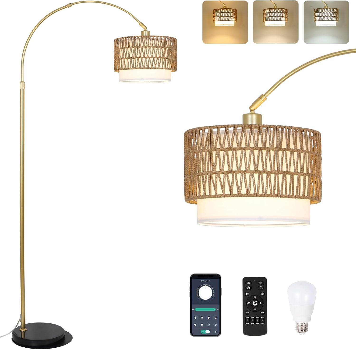GDFStudio Seli Bohemian Arc Floor Lamp with Double Shades, Dimmable Bulb and Adjustable Height