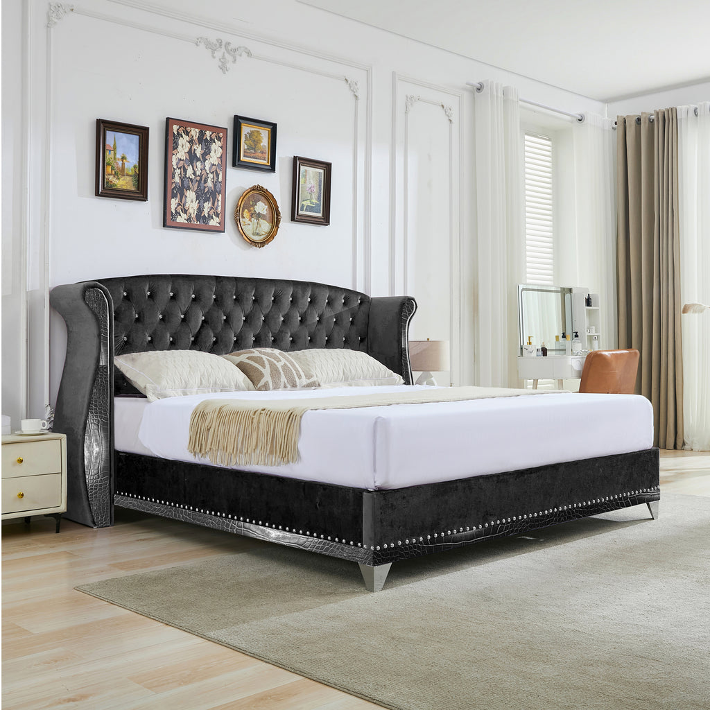 Christopher Knight Home Modern Velvet Wingback Tufted Platform Bed with Nailhead Trim and Silver Legs