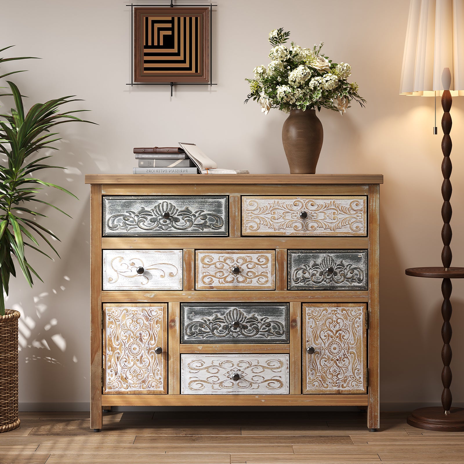 GDFStudio Lira 39.37'' Vintage Wooden Accent Chest with 7 Drawers and 2 Doors, Colorful