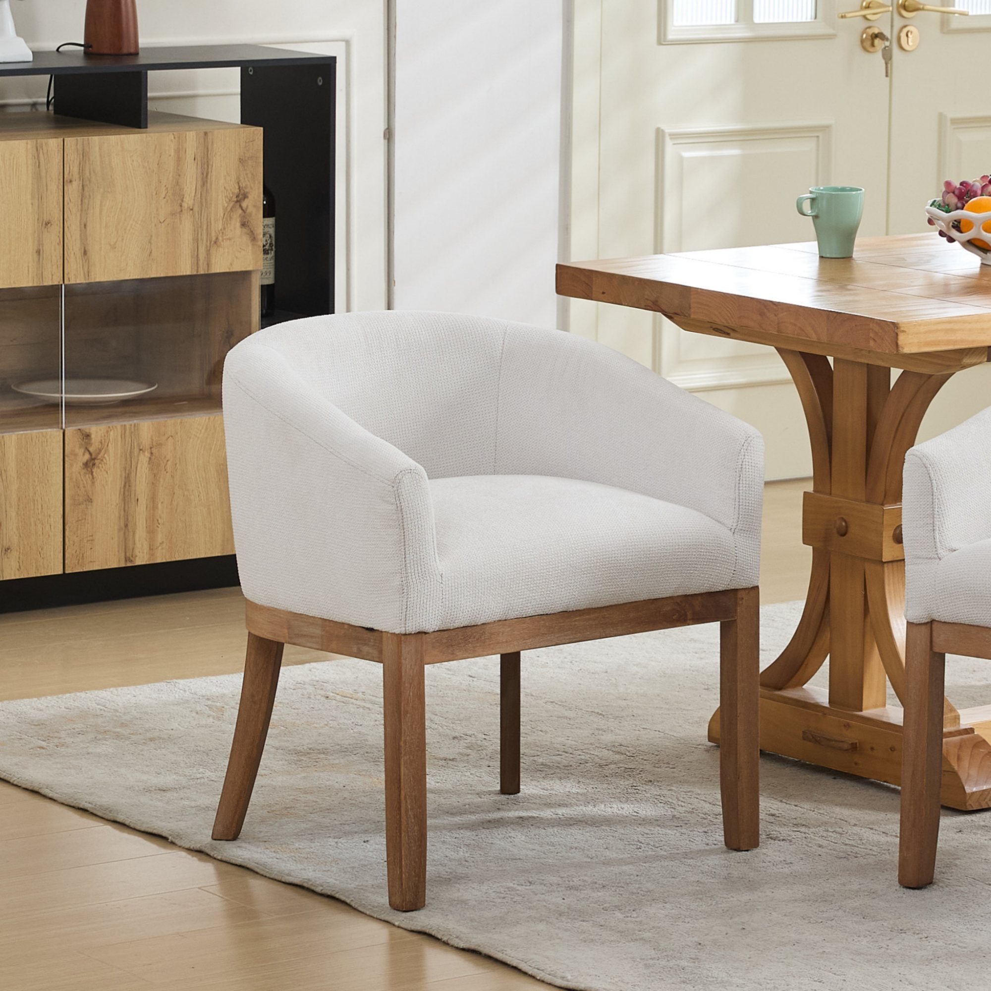 GDFStudio Morlyth Mid-Century Modern Rubberwood Upholstered Dining Chair with Curved Back, Beige
