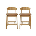 Christopher Knight Home Alina Patio Acacia Upholstered Counter Stools with Cushion and Curved Back (Set of 2), Natural/Brown-Faux Leather