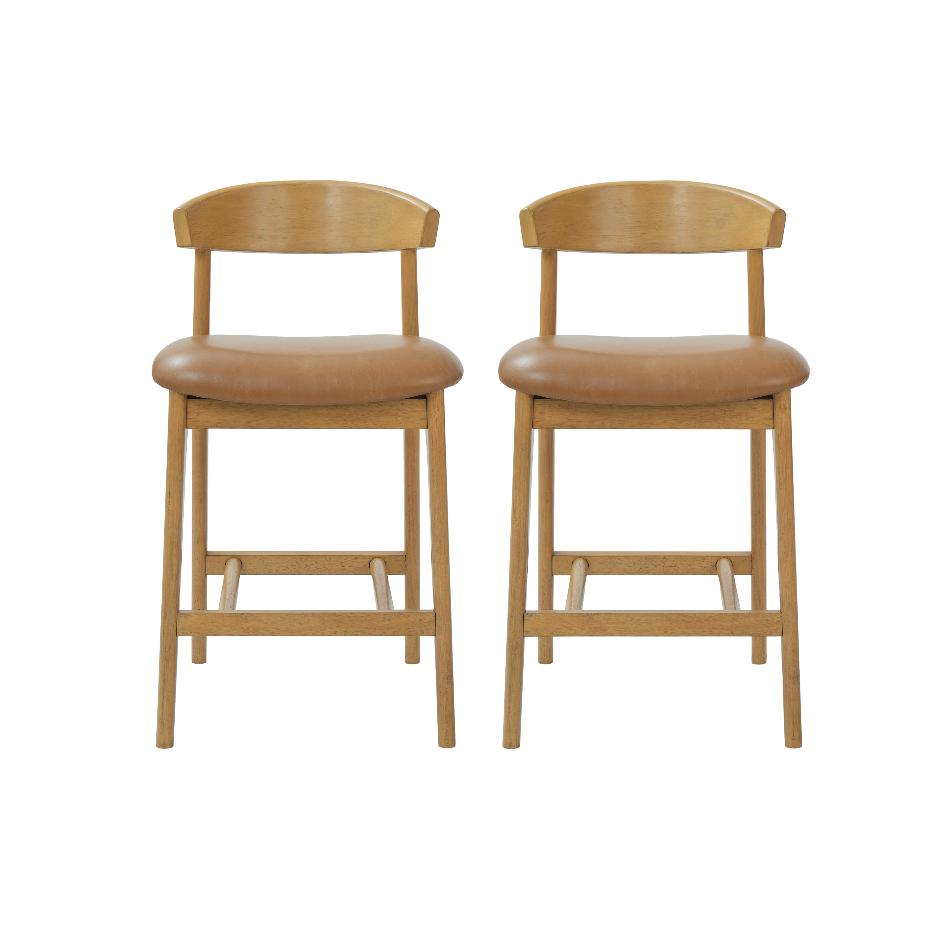 Christopher Knight Home Alina Patio Acacia Upholstered Counter Stools with Cushion and Curved Back (Set of 2), Natural/Brown-Faux Leather