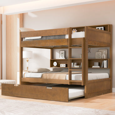 GDFStudio Hernandez Bunk Bed with Trundle, Antique Wood, Twin over Twin Size