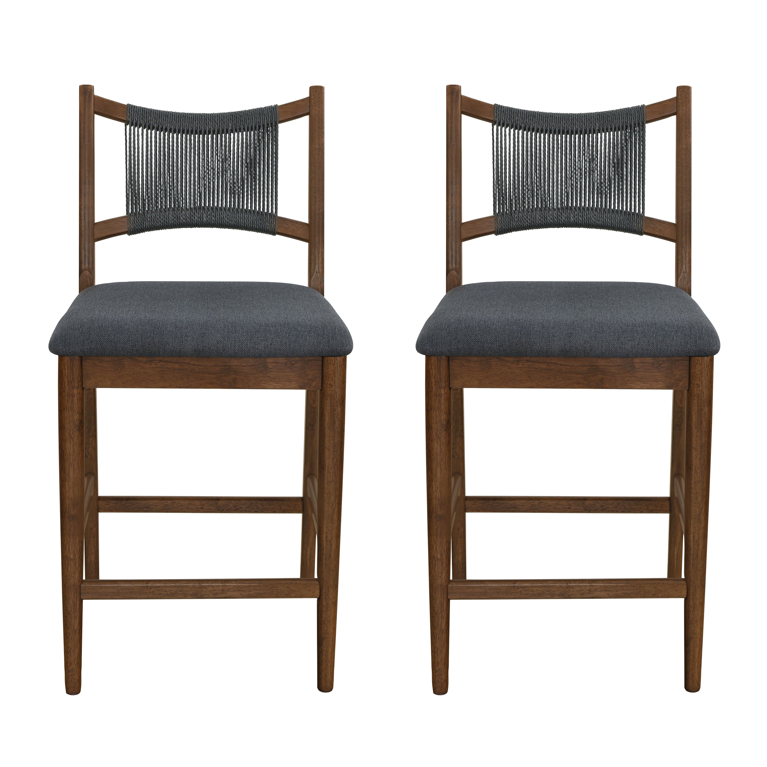 Christopher Knight Home Margaret Modern Rubberwood Upholstered Counter Stools with Woven Rope Backrest (Set of 2), Charcoal/Walnut