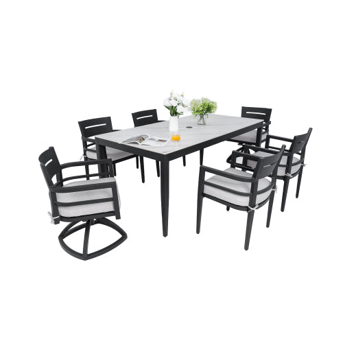 Christopher Knight Home Larry Outdoor 7 Piece Aluminum and Sintered Stone Dining Set with Removable Sunbrella Cushions, White