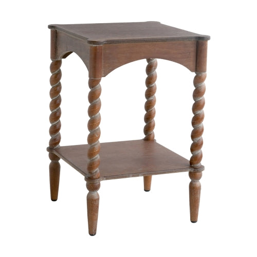 GDFStudio Vaibhav Rustic Square Wooden Side Table with Turned Spiral Legs and Lower Shelf, Brown