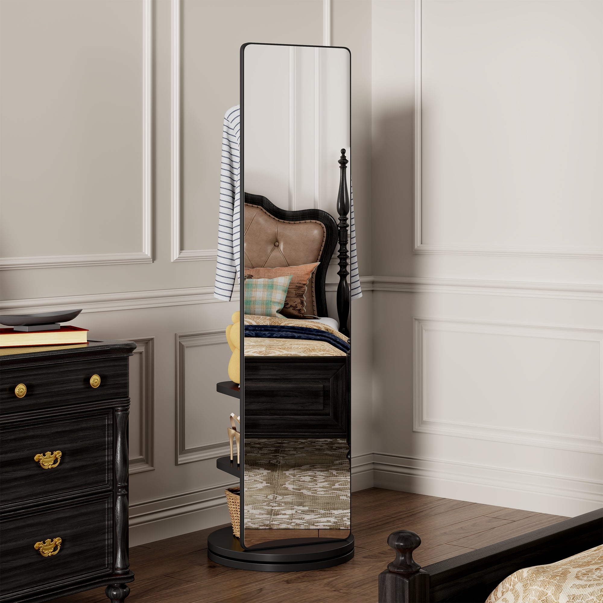 GDFStudio Bruce Modern Rubber Wood 360° Rotating Multifunctional Full Length Mirror with Hook Storage Rack