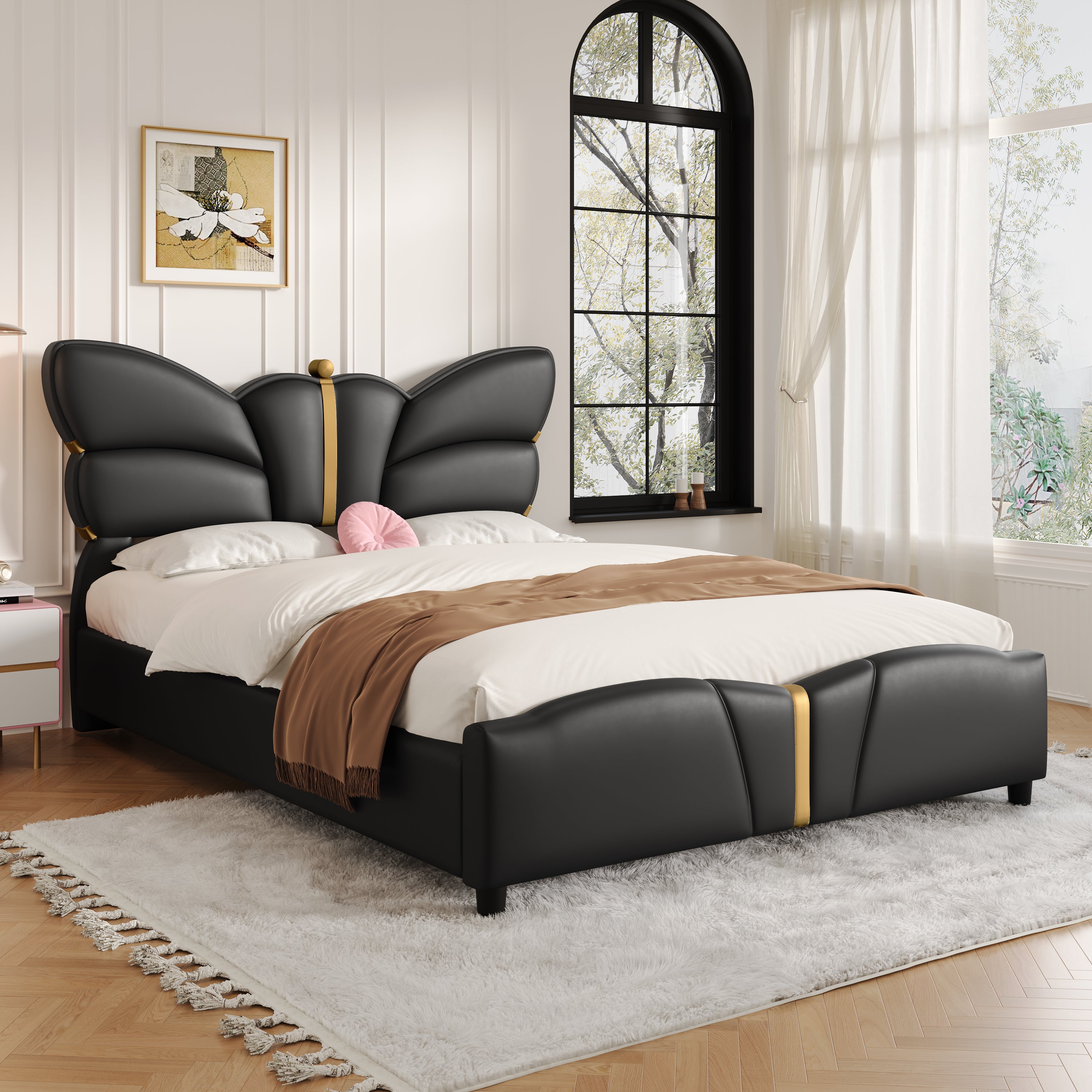 Christopher Knight Home Butterfly-Headboard PU Leather Platform Bed with Wood Slats & Metal Accents