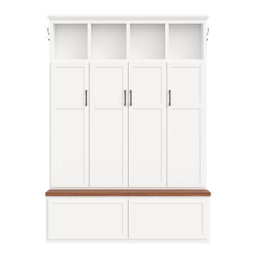 GDFStudio Weston Modern Farmhouse Wood Hall Tree with Entryway Storage Bench, Cabinets and Open Shelves, White