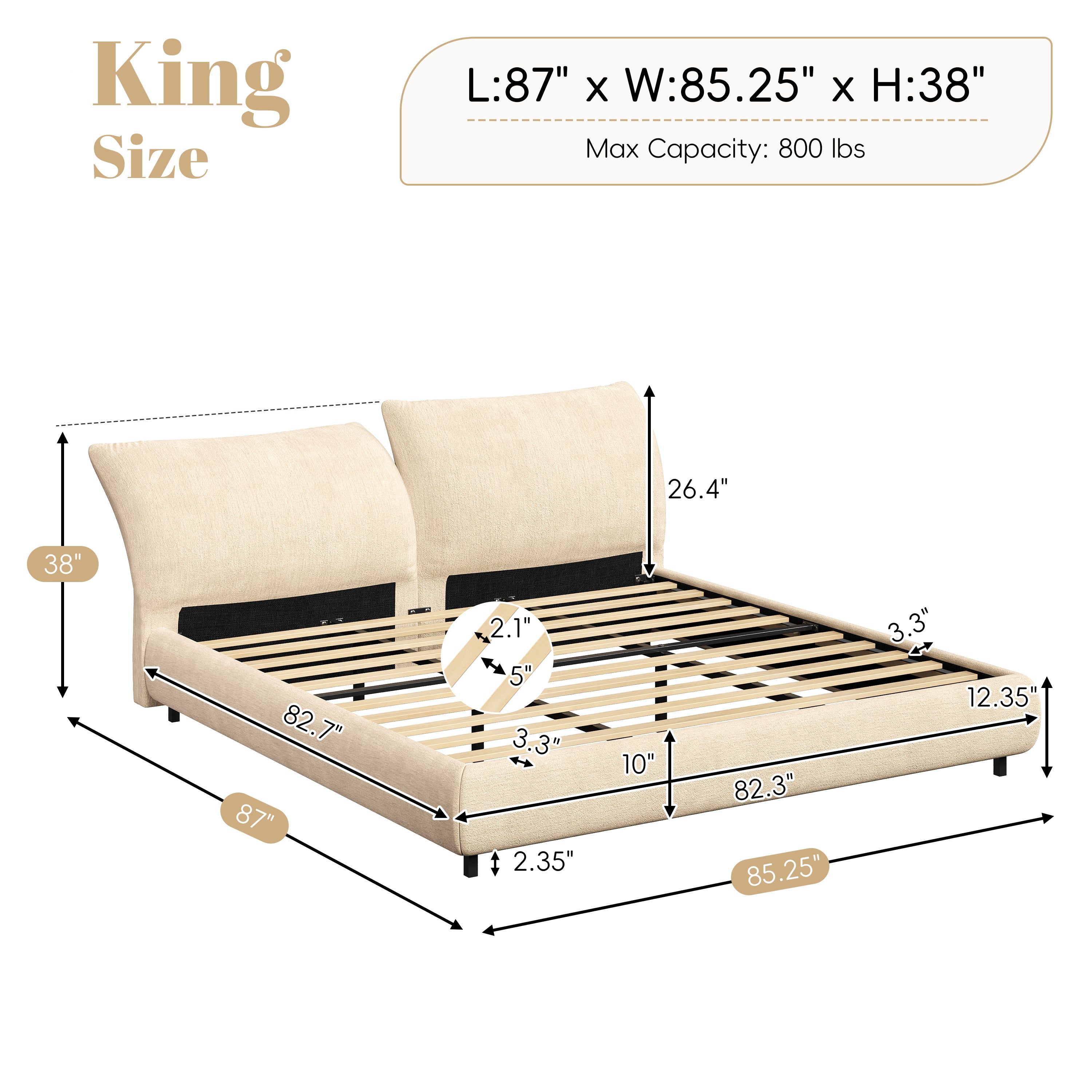 Christopher Knight Home Modern Fabric Upholstered Bed with Adjustable Cushion Headboard & Wood Slat Support