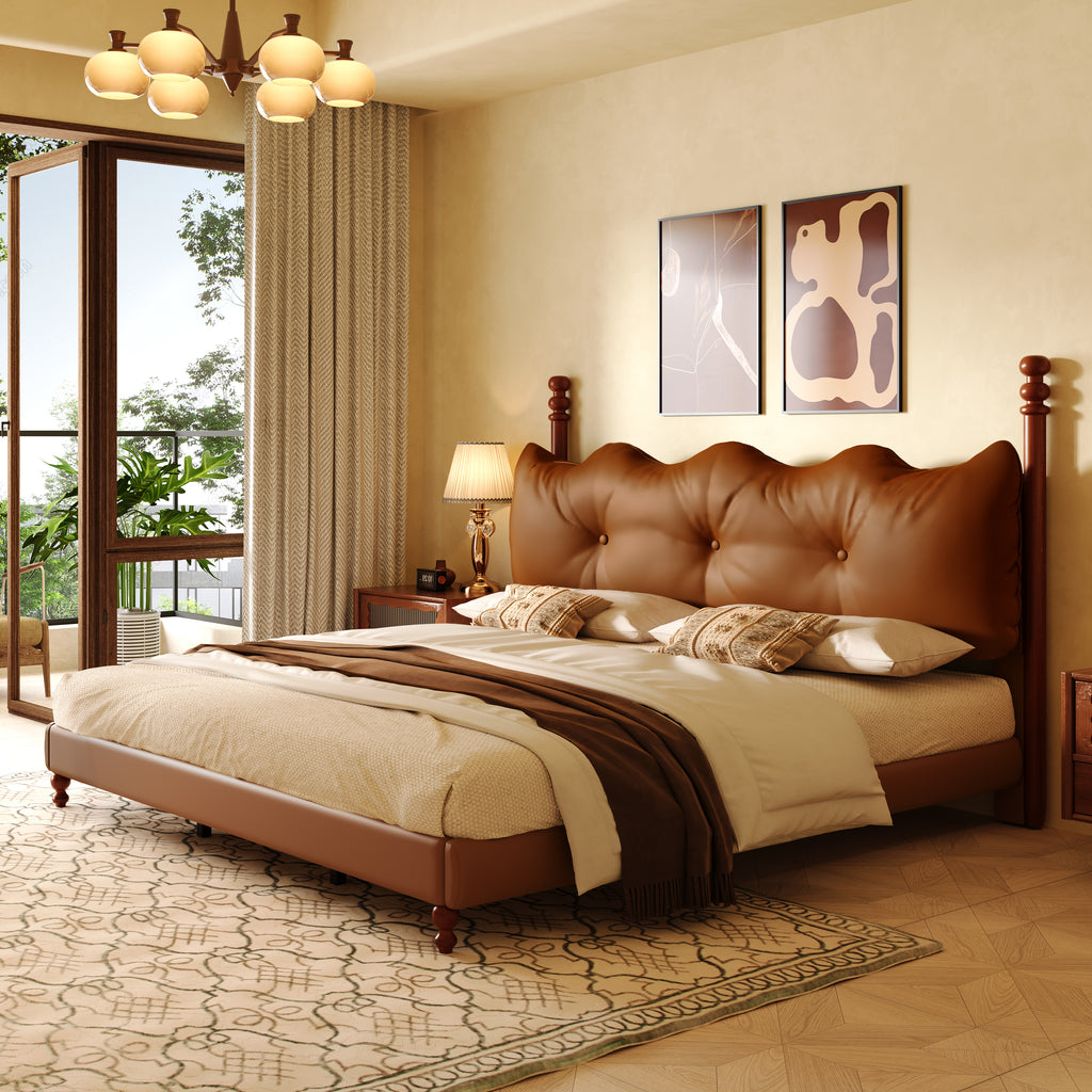 Christopher Knight Home Vintage Wood-Post Faux Leather Platform Bed with Button Headboard & Strong Support Frame