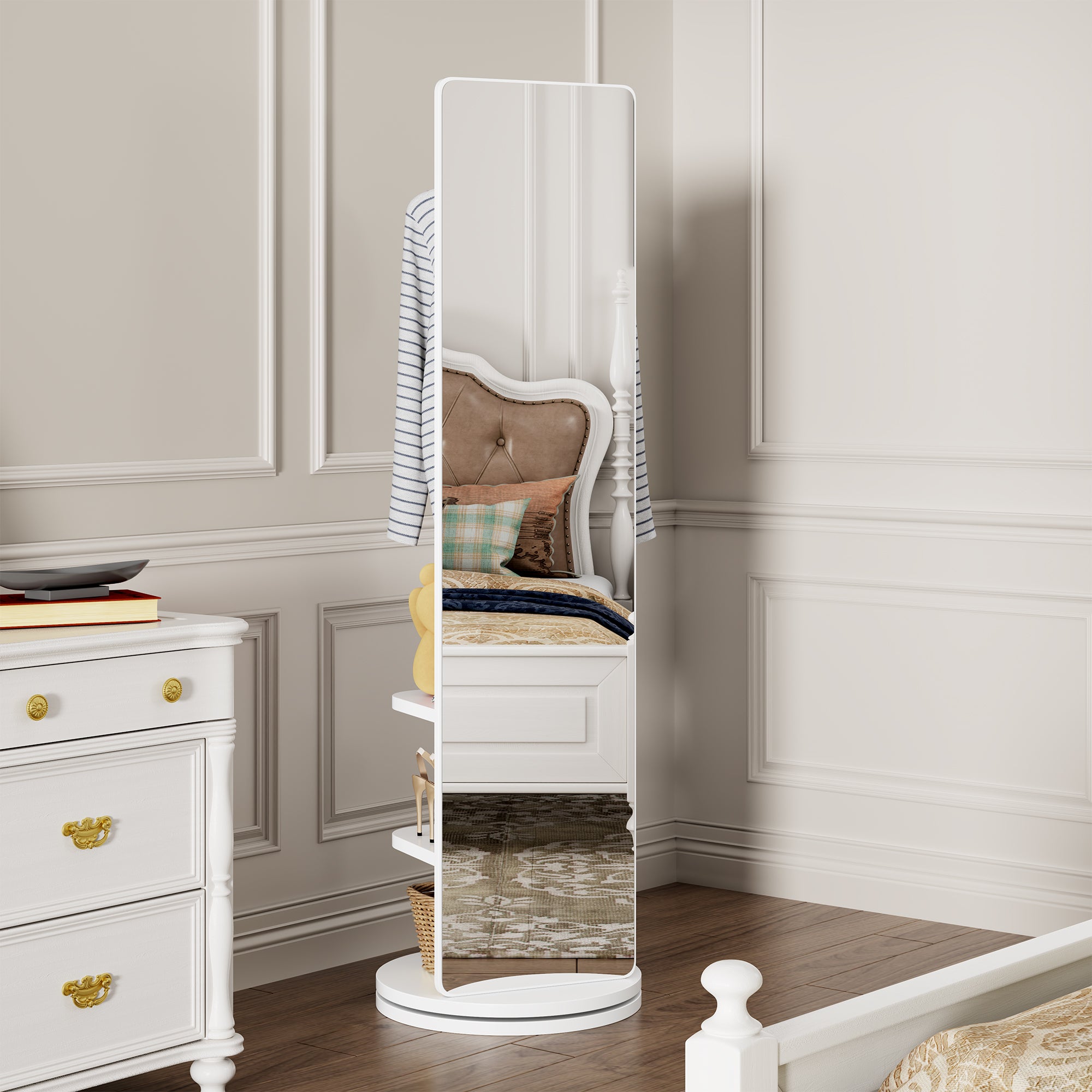 GDFStudio Bruce Modern Rubber Wood 360° Rotating Multifunctional Full Length Mirror with Hook Storage Rack